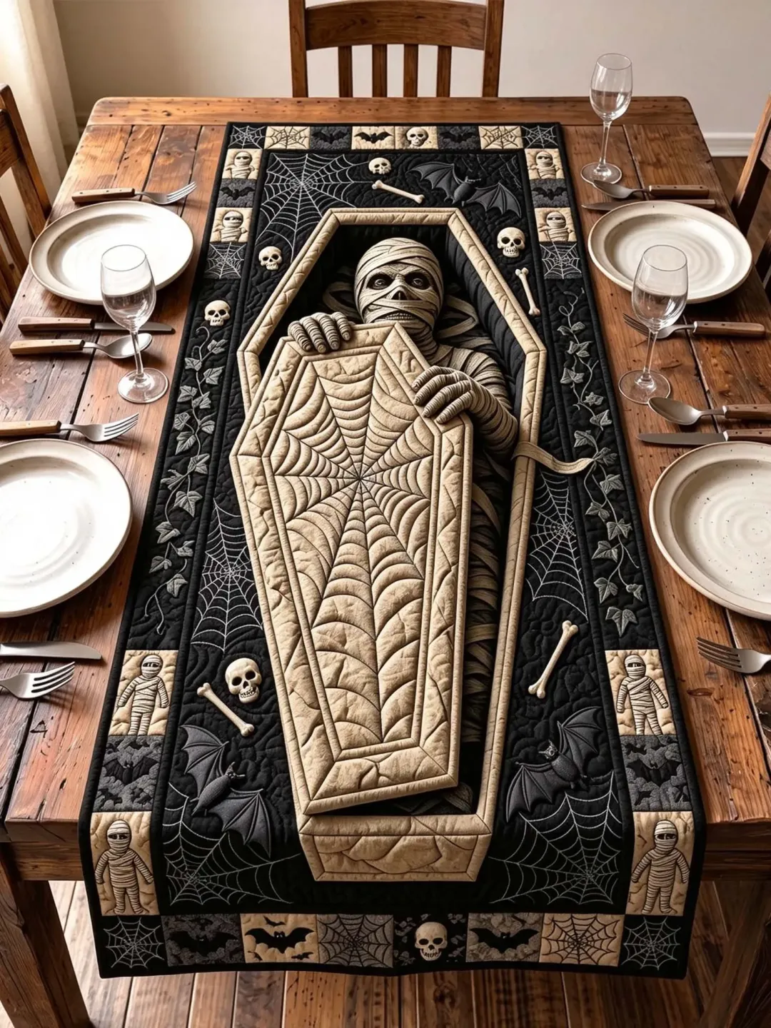 Halloween Mummy Coffin Quilted Table Runner – Gothic Dining Table Decor