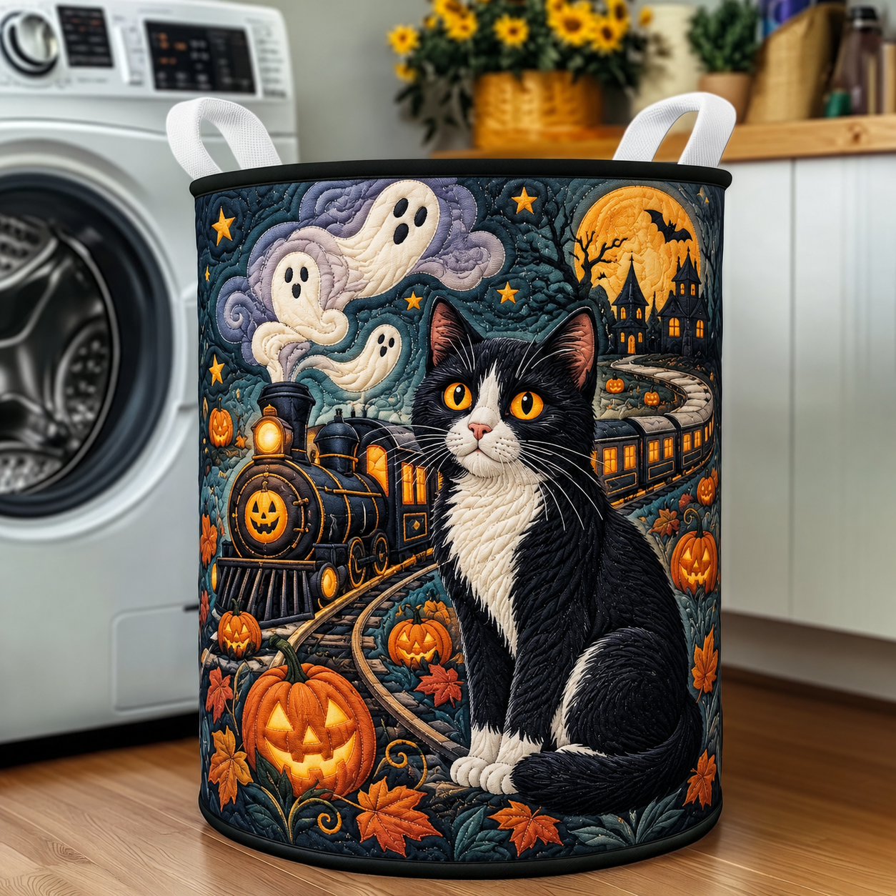 Black Cat Haunted Train Quilted Laundry Basket