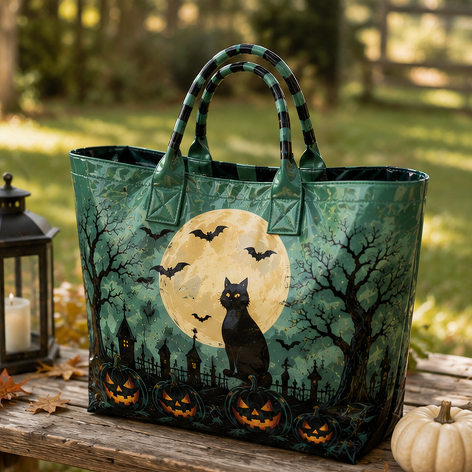 Green Tone Black Cat Halloween PVC Tote Bag