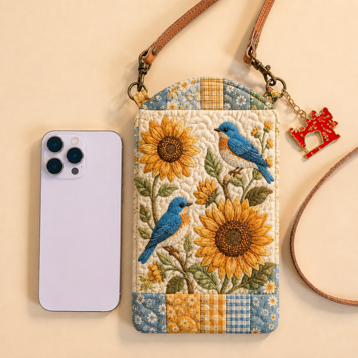 Sunflower Bluebird Garden Floral Quilted Slim Phone Crossbody Bag