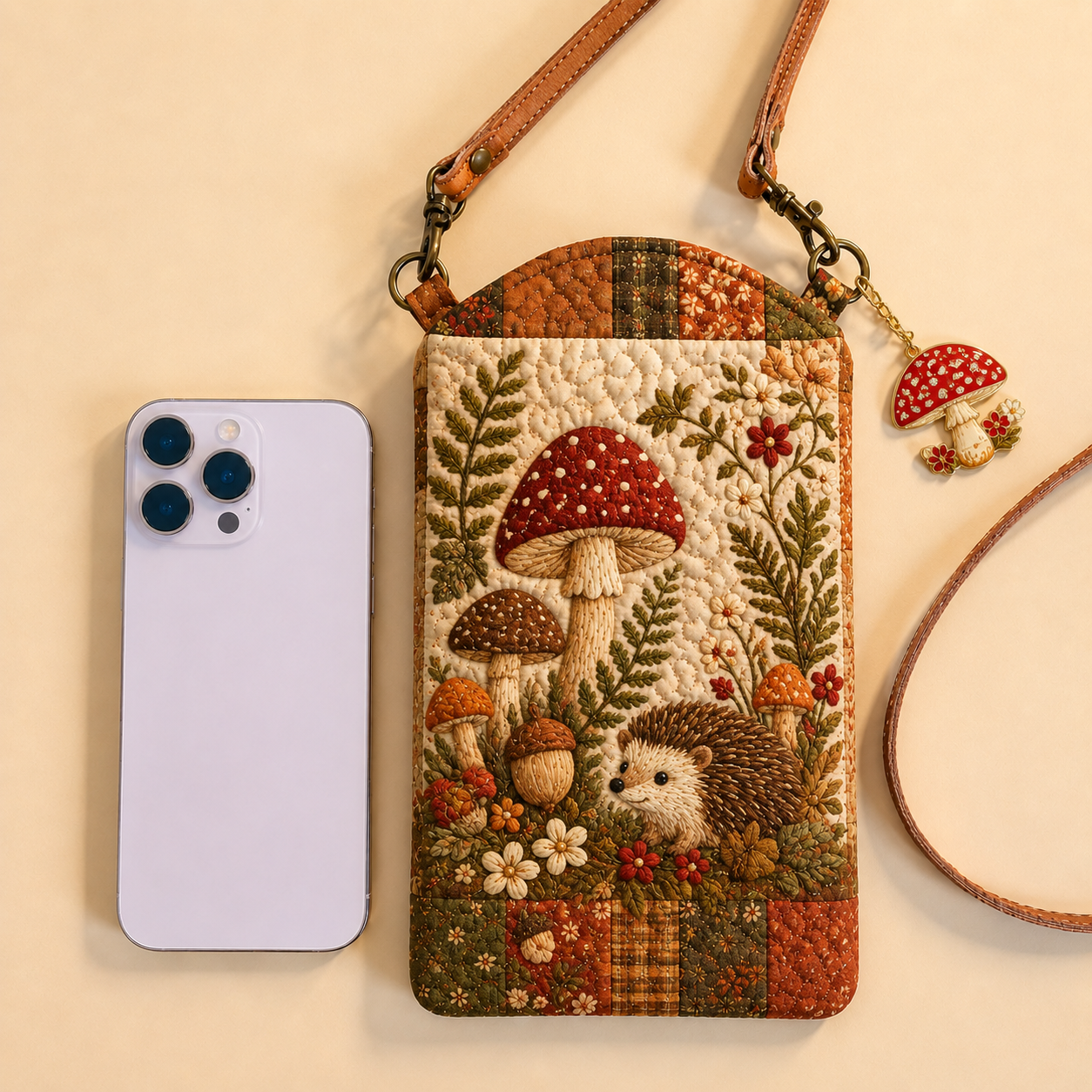 Woodland Mushroom Hedgehog Forest Quilted Slim Phone Crossbody Bag