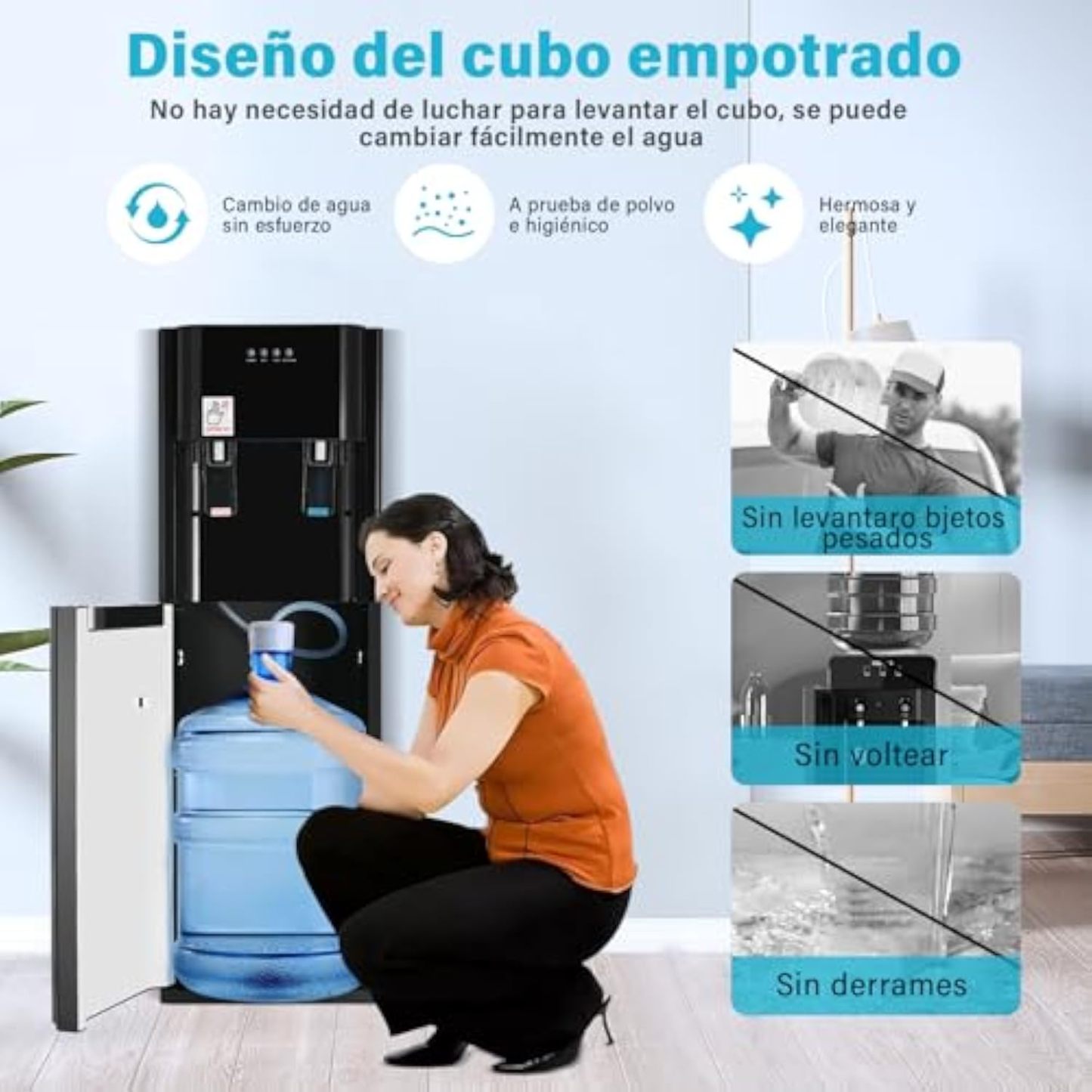 Ykioea Dispensador de Agua con Garrafón Oculto, Dispensador de Agua Fria y Caliente, Enfriador de Agua, Bloqueo de Seguridad, para Hogar Oficina, Dormitorios