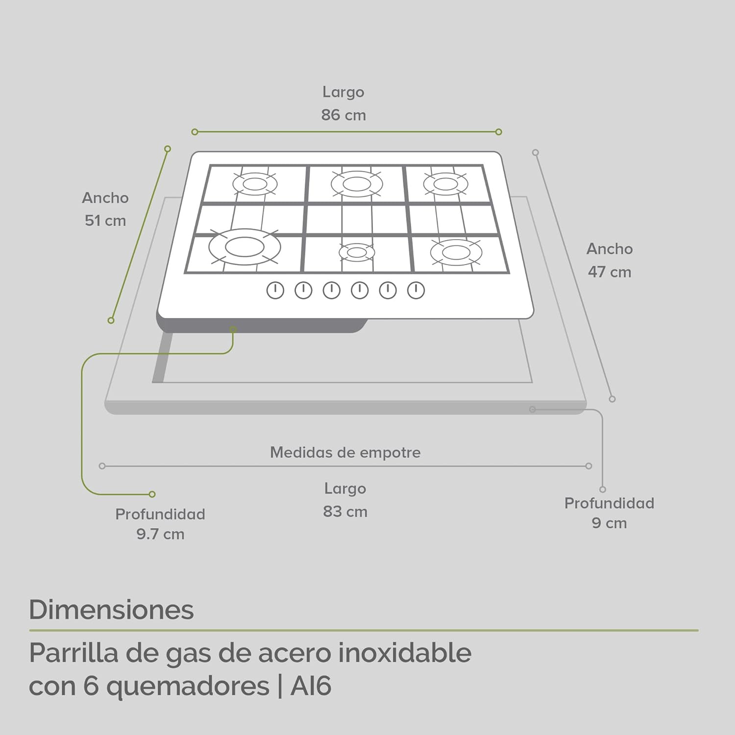 AVERA Parrilla de Gas 6 Quemadores 86cm, Acero Inoxidable Color Negro, Empotrable, Soportes de Hierro Fundido, Encendido Electronico, Estufa Empotrable, Compatible con Gas LP y Gas Natural, AI6N