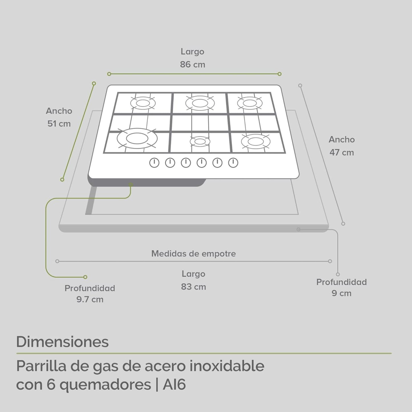 AVERA Parrilla de Gas 6 Quemadores 86cm, Acero Inoxidable Color Negro, Empotrable, Soportes de Hierro Fundido, Encendido Electronico, Estufa Empotrable, Compatible con Gas LP y Gas Natural, AI6N