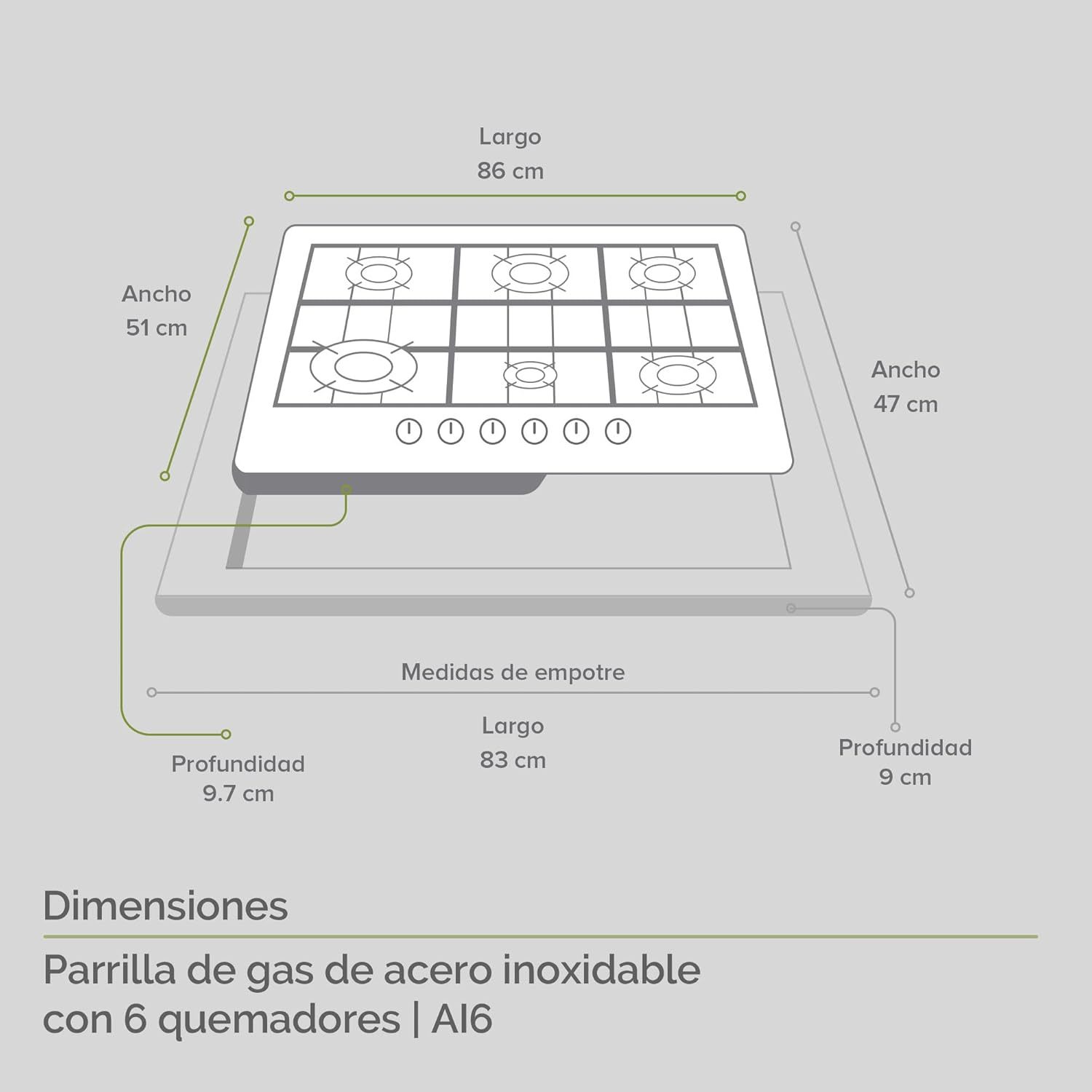 AVERA Parrilla de Gas 6 Quemadores 86cm, Acero Inoxidable Color Negro, Empotrable, Soportes de Hierro Fundido, Encendido Electronico, Estufa Empotrable, Compatible con Gas LP y Gas Natural, AI6N