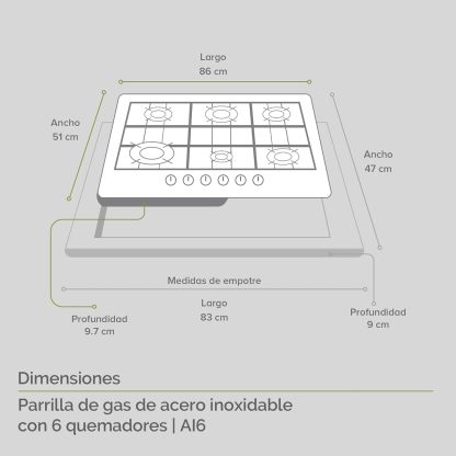 AVERA Parrilla de Gas 6 Quemadores 86cm, Acero Inoxidable Color Negro, Empotrable, Soportes de Hierro Fundido, Encendido Electronico, Estufa Empotrable, Compatible con Gas LP y Gas Natural, AI6N