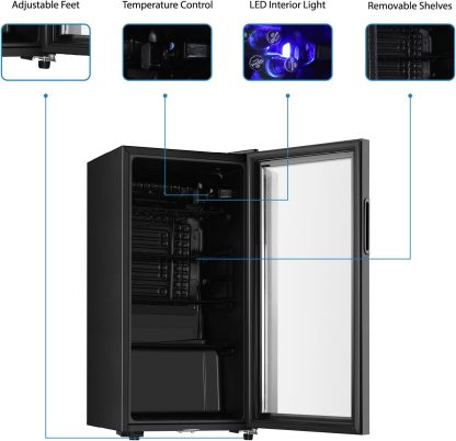 Saeoola - Refrigerador para bebidas, mini refrigerador de 3.2 pies cúbicos con puerta de vidrio doble, enfriador para refrescos, cerveza o vino para el hogar, oficina o bar con estantes extraíbles