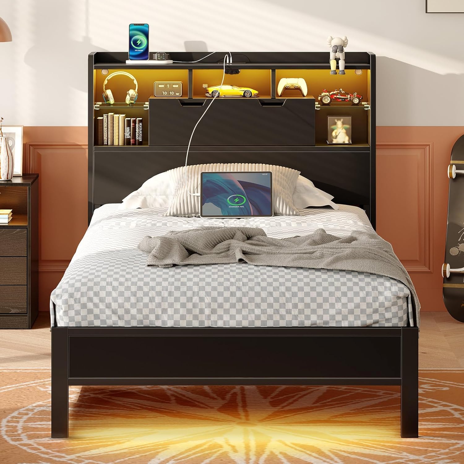 MAMALAND Base de Cama de tamaño matrimonial con estación de Carga, Marco de Cama LED con cabecera de Almacenamiento (Full)