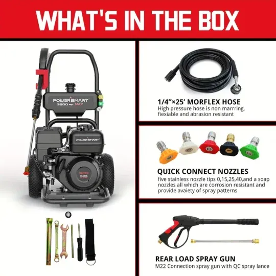 Hidrolavadora a Gas PowerSmart, 3200 PSI 2.5 GPM Bomba de leva axial, Tanque de jabón a bordo de 208 cc, 5 boquillas QC Manguera de 25 pies, Pistola pulverizadora y varilla para limpiar autos/casas