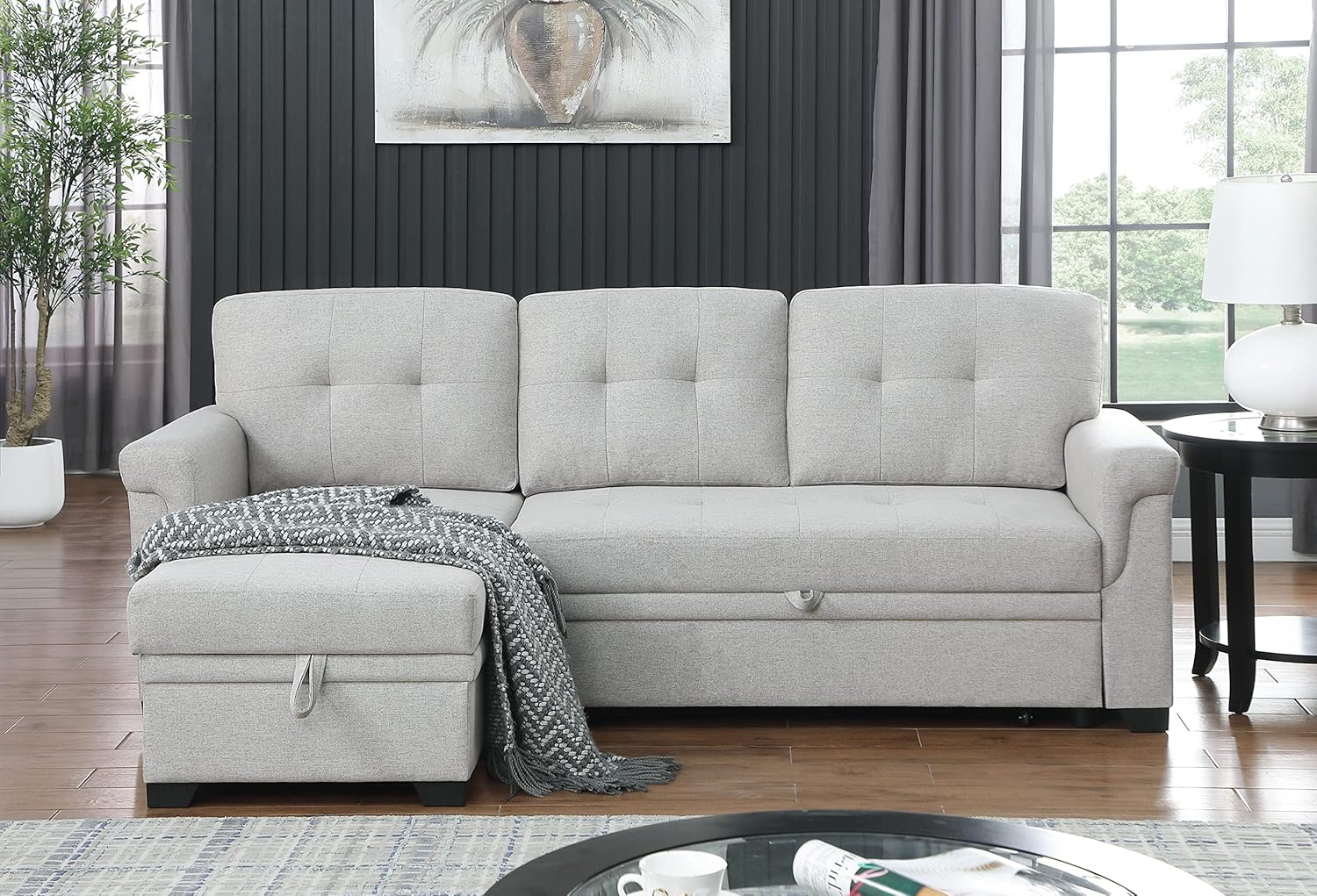 Lilola Home Lucca - Sofá seccional Reversible de Lino Gris Claro con diván de Almacenamiento