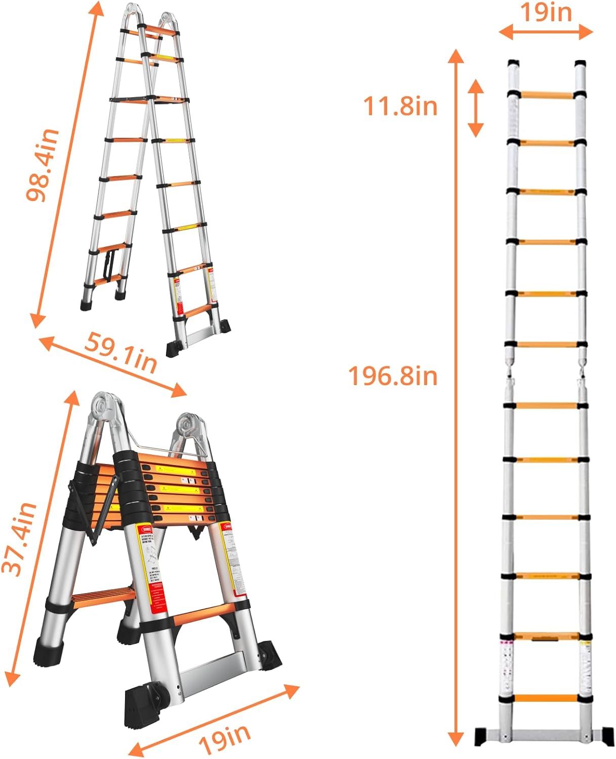 EvaStar - Escalera telescópica con marco A, escaleras telescópicas de aluminio ligeras con estabilizadores triangulares, barra estabilizadora y ruedas, escalera de extensión de capacidad de 350 libras
