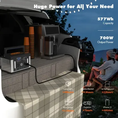 Estación de energía portátil Eurler P700 700W con capacidad de 577Wh para camping al aire libre y emergencias, todo en uno. Almacenamiento de energía solar con batería LiFePO4. Salida de CA 120V 60Hz 700W.
