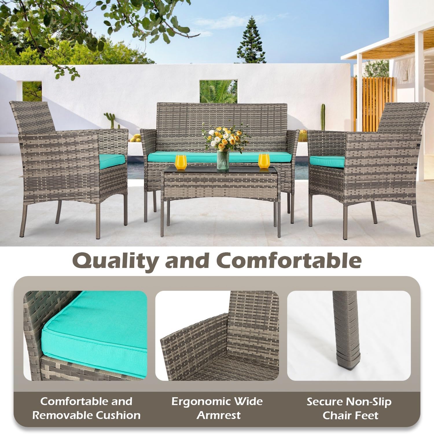 FDW - Juego de 4 muebles para exteriores, juego de conversación de mimbre con silla de ratán, mesa de centro para exteriores, interiores, jardín, patio, porche, terraza, balcón, cojines de mimbre