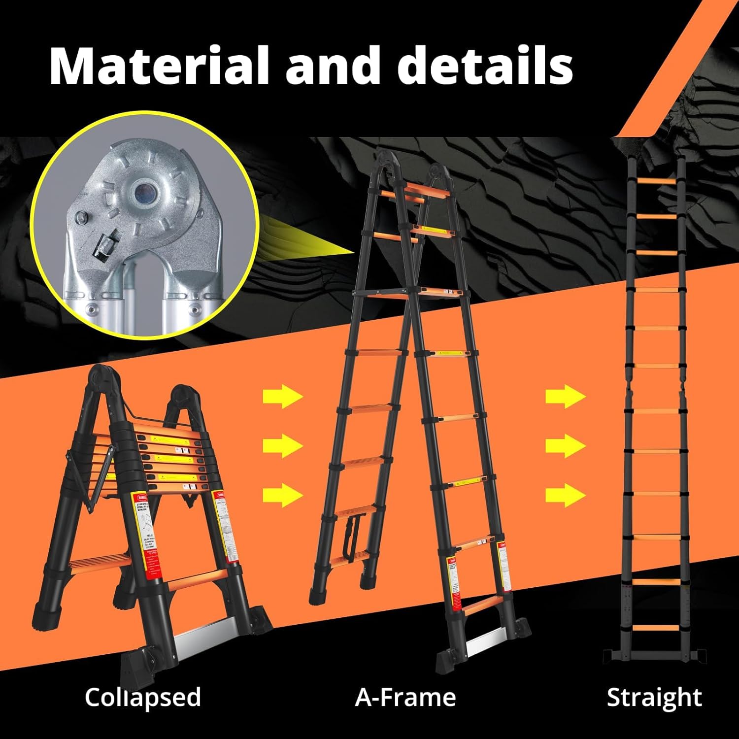 EvaStar - Escalera telescópica con marco A, escaleras telescópicas de aluminio ligeras con estabilizadores triangulares, barra estabilizadora y ruedas, escalera de extensión de capacidad de 350 libras