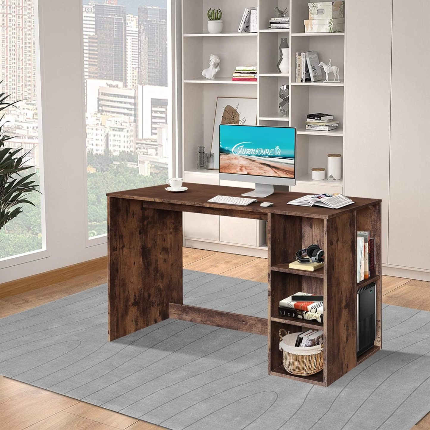 FurnitureR Escritorio para Computadora de Oficina con Almacenamiento Escritorio de Trabajo y Estudio con 5 Estantes Mesa Portátil para Estudiantes Escritorio de Escritura Moderno Haya y Blanco-Bolígrafo de carbono metálico, bolígrafo de firma negro.