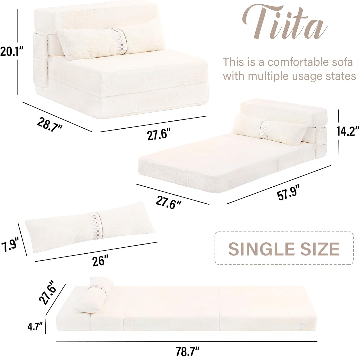 Tiita - Sillón de futón, tamaño individual, sofá cama plegable con almohada, colchón de piso y futón para sala de estar, recámara, uso de invitados, departamento