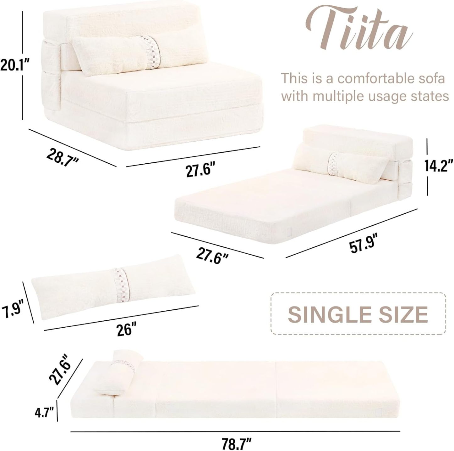 Tiita - Sillón de futón, tamaño individual, sofá cama plegable con almohada, colchón de piso y futón para sala de estar, recámara, uso de invitados, departamento