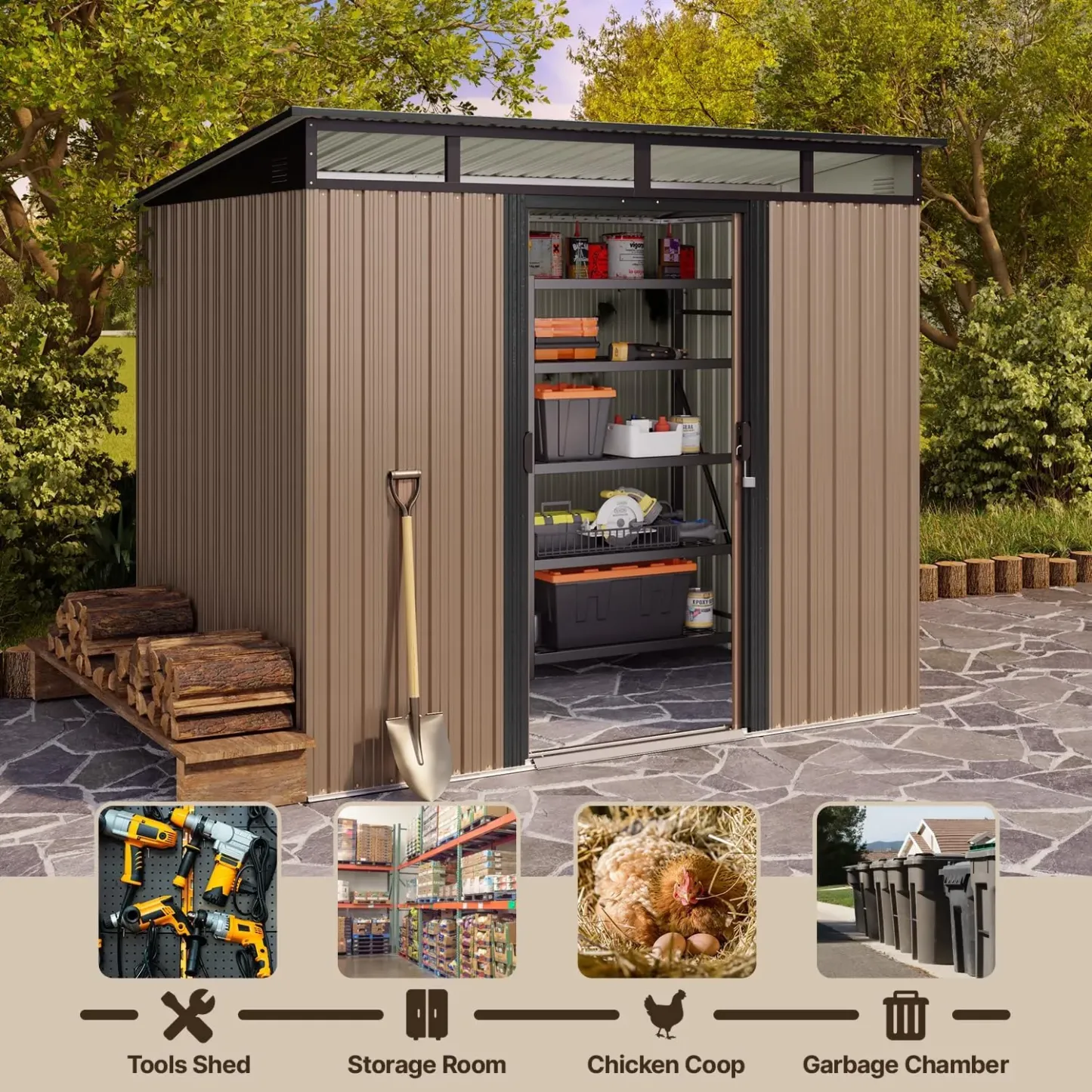 Gizoon - Cobertizo de almacenamiento para exteriores de metal de 6 x 4 pies, cobertizo de jardín con puertas correderas con cerradura, versátil cobertizo para bicicletas con ventanas de panel