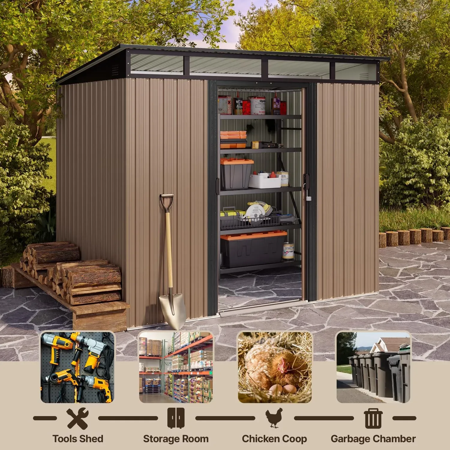 Gizoon - Cobertizo de almacenamiento para exteriores de metal de 6 x 4 pies, cobertizo de jardín con puertas correderas con cerradura, versátil cobertizo para bicicletas con ventanas de panel