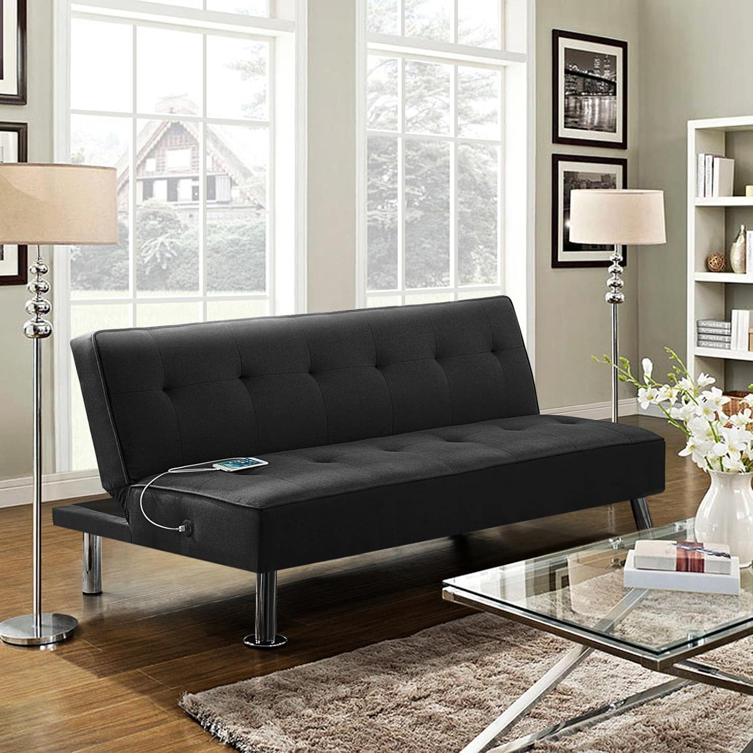 Yaheetech - Sofá Cama Convertible Moderno con 2 Puertos de Carga USB Integrados de Tela, Patas de Metal, 3 ángulos Ajustables para una Vida compacta, Departamento, recámara, habitación Extra Gris