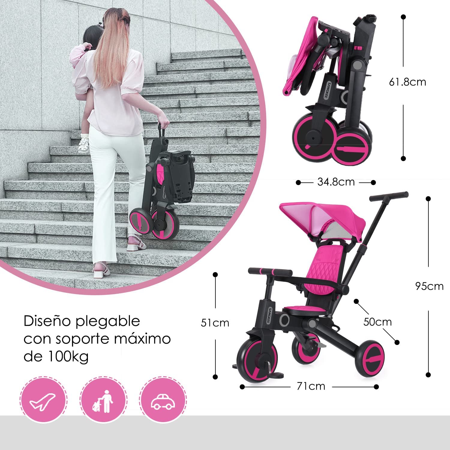 Triciclo de bebé 4 en 1, Bici polivalente, cochecito de dirección plegable, bicicleta de aprendizaje con barandilla desmontable, con toldo ajustable, arnés de seguridad, pedales plegable, freno, asa de empuje para padres, diseño de absorción de impactos,