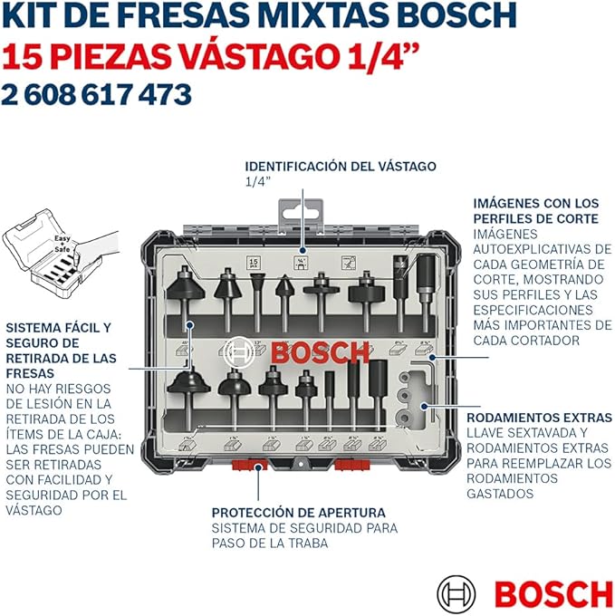 Bosch Standard Juego de fresas mixto vástago de 1/4" 15 pzs