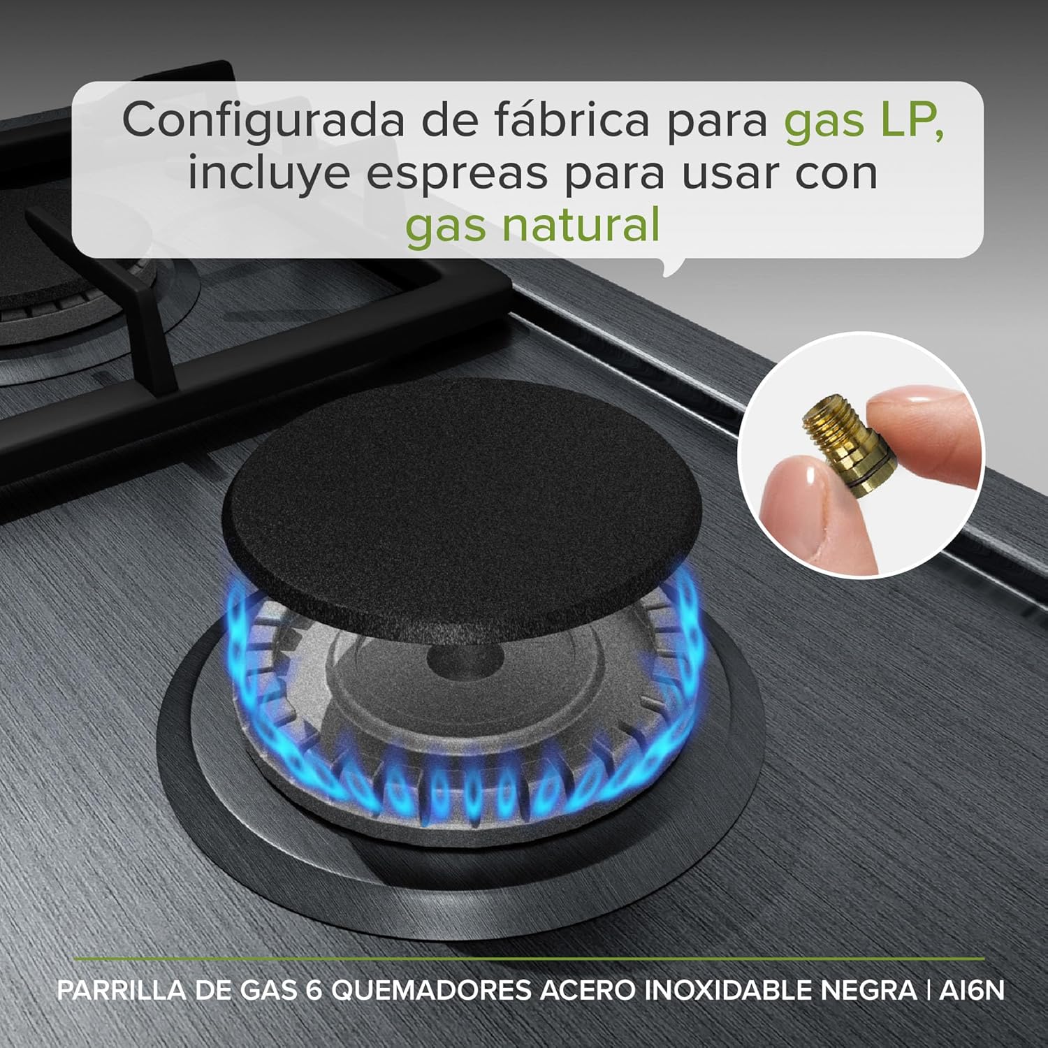 AVERA Parrilla de Gas 6 Quemadores 86cm, Acero Inoxidable Color Negro, Empotrable, Soportes de Hierro Fundido, Encendido Electronico, Estufa Empotrable, Compatible con Gas LP y Gas Natural, AI6N