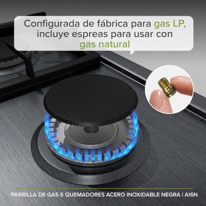 AVERA Parrilla de Gas 6 Quemadores 86cm, Acero Inoxidable Color Negro, Empotrable, Soportes de Hierro Fundido, Encendido Electronico, Estufa Empotrable, Compatible con Gas LP y Gas Natural, AI6N