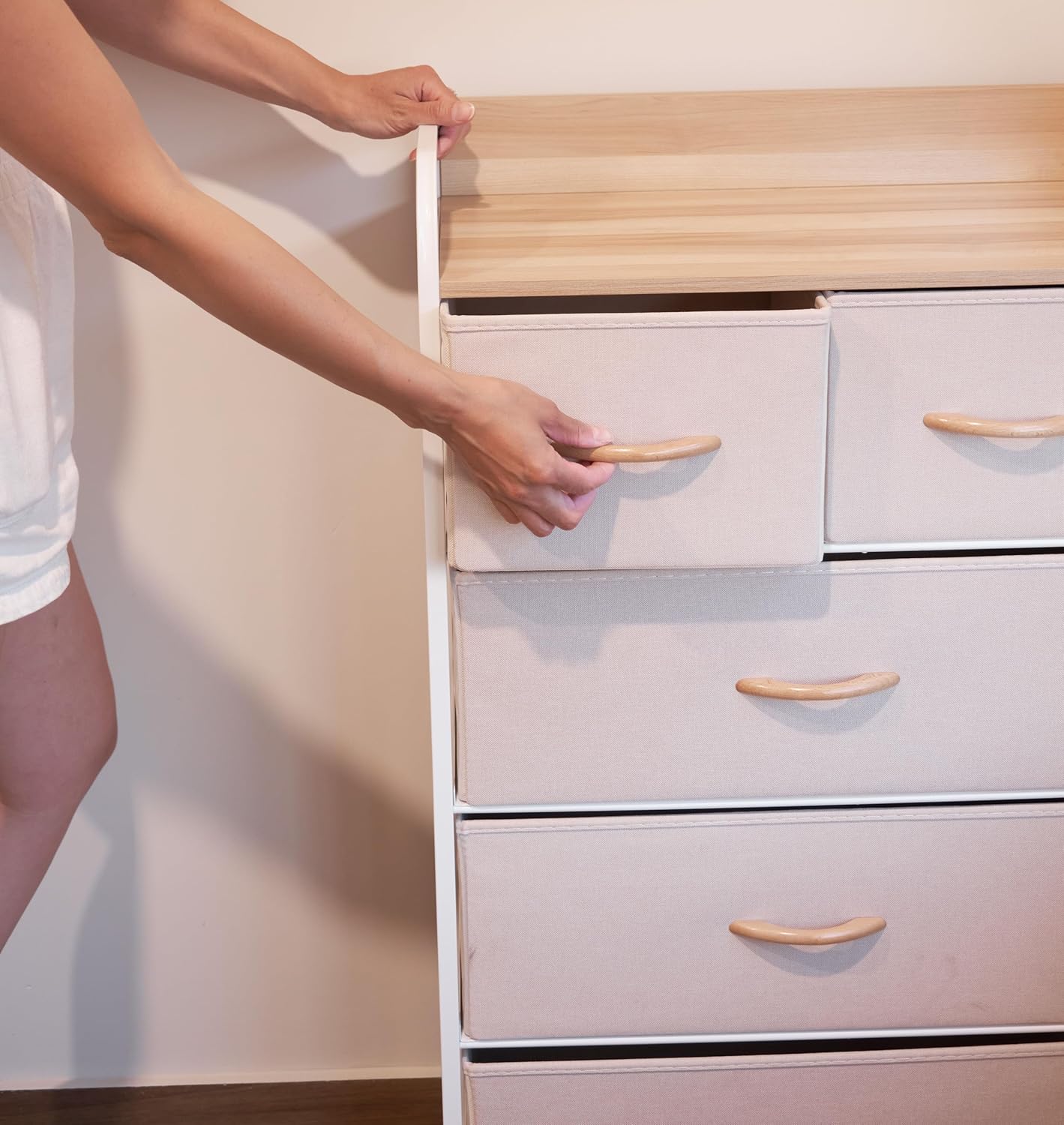 MU:4LIFE Cómoda De 5 Cajones Almacenamiento para Hogar Y Oficina, Organizador Cajonera De Estructura Metal y Cajones De Tela Lino Poliéster y Tela No Tejida (Gris Claro)