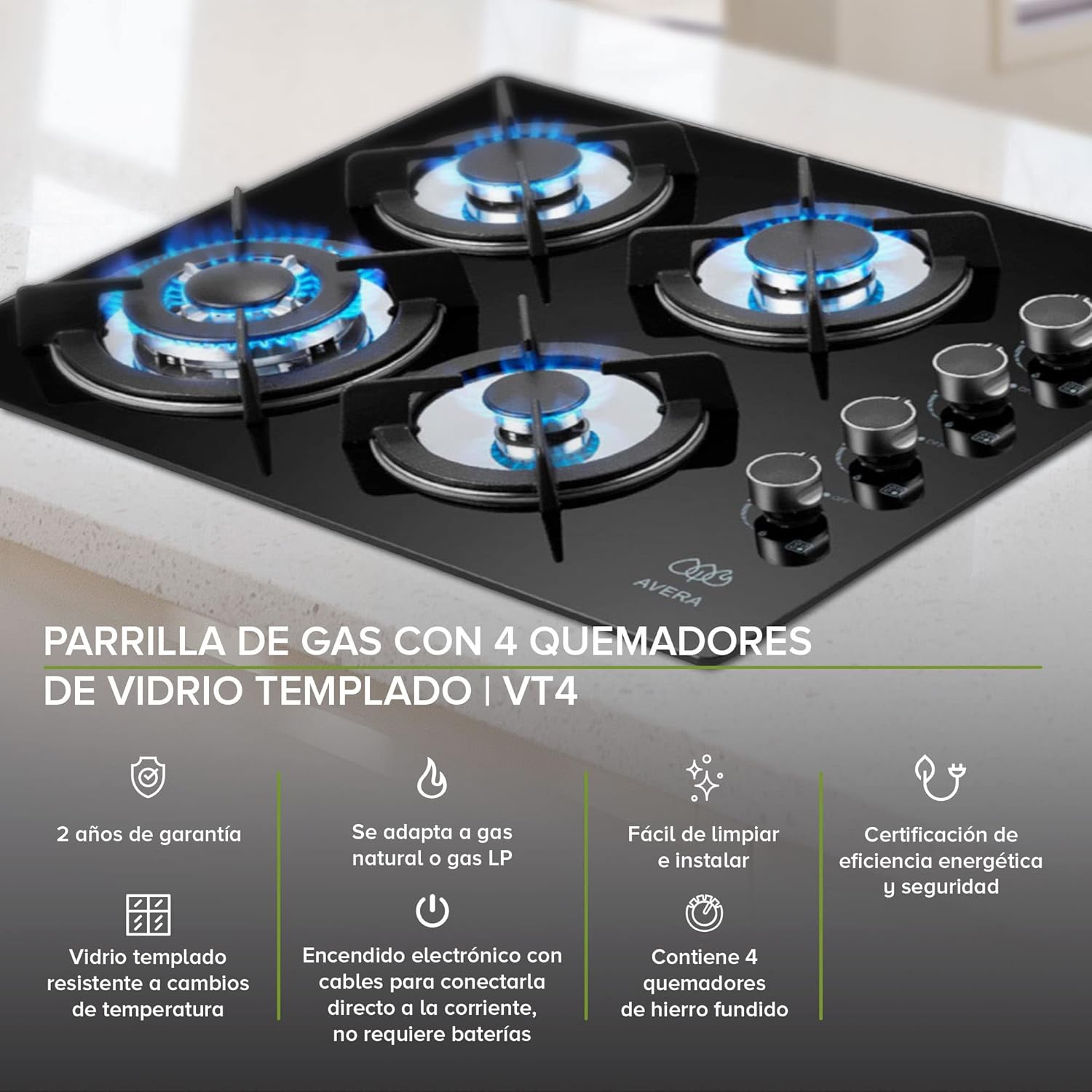 AVERA Combo Parilla y Campana|Parrilla de Gas 4 Quemadores, Vidrio Templado Negro 60cm (Incluye accesorios de Instalación) Encendido Electronico, Estufa Empotrable, para Gas LP y Natural | VT4CEA60N