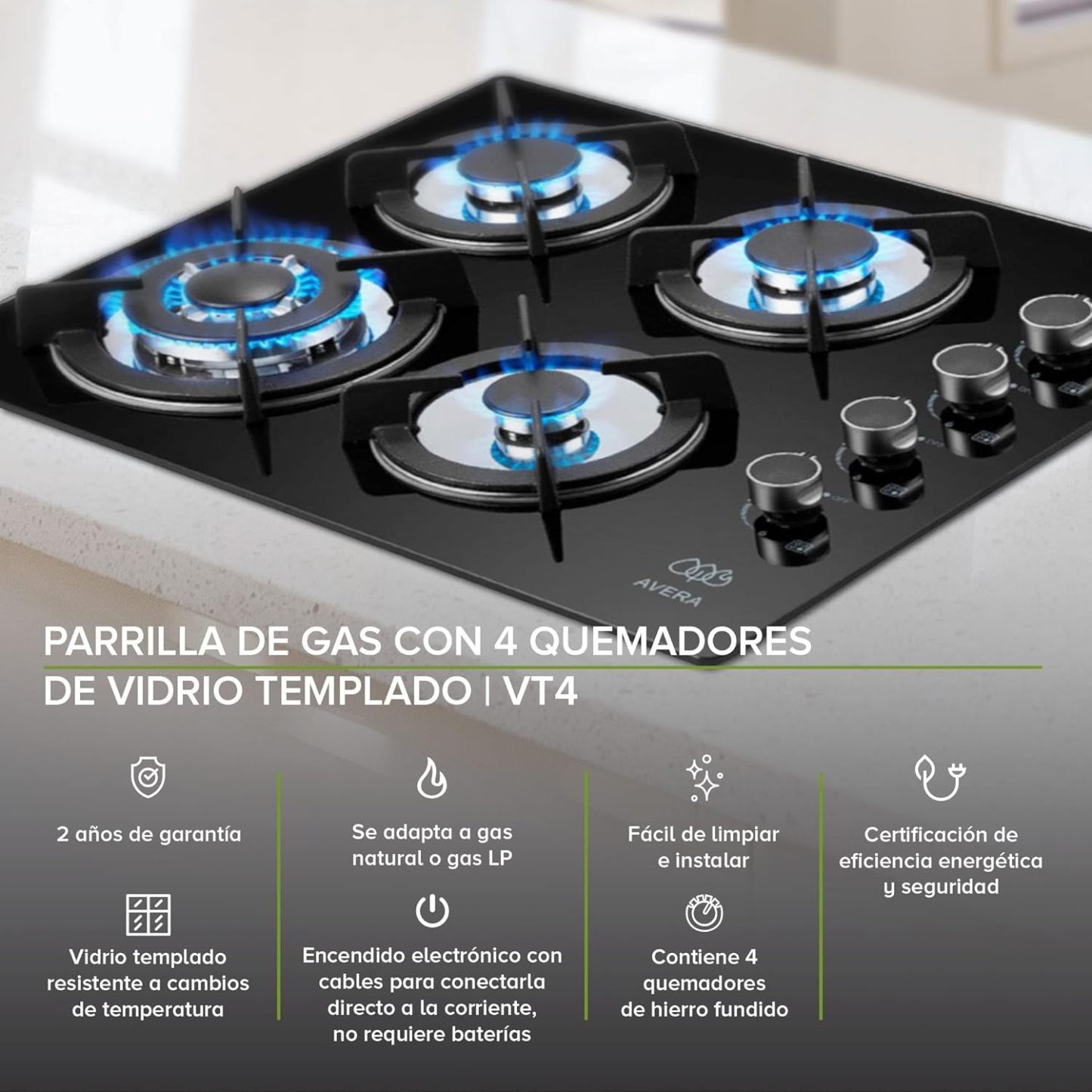 AVERA Combo Parilla y Campana|Parrilla de Gas 4 Quemadores, Vidrio Templado Negro 60cm (Incluye accesorios de Instalación) Encendido Electronico, Estufa Empotrable, para Gas LP y Natural | VT4CEA60N