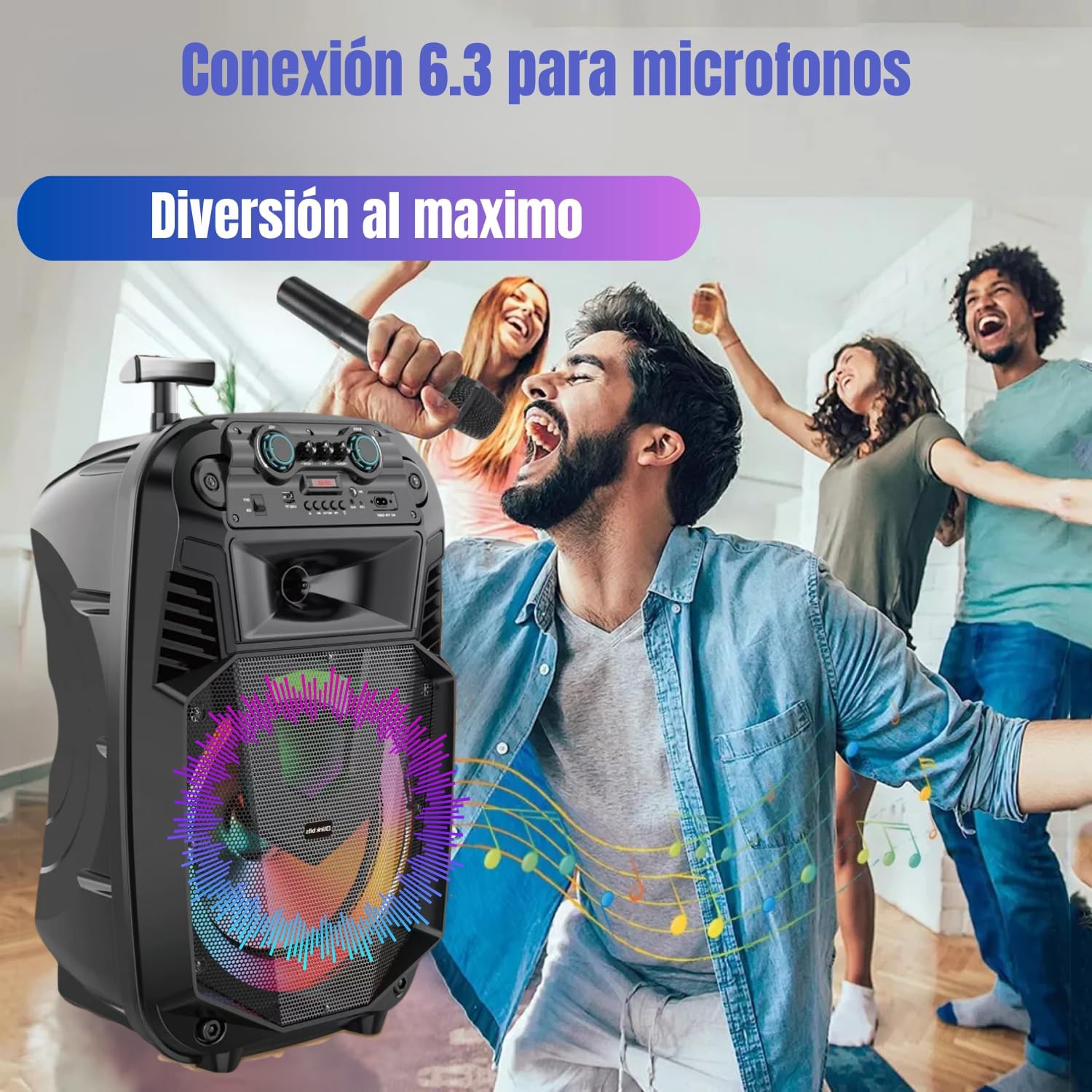 LINK BITS BM15013K Bocina Bluetooth Grande 15 Pulgadas, Recargable Altavoces Speaker Control y micrófono, bafle Super Buffer Karaoke para Fiesta con Luz Led