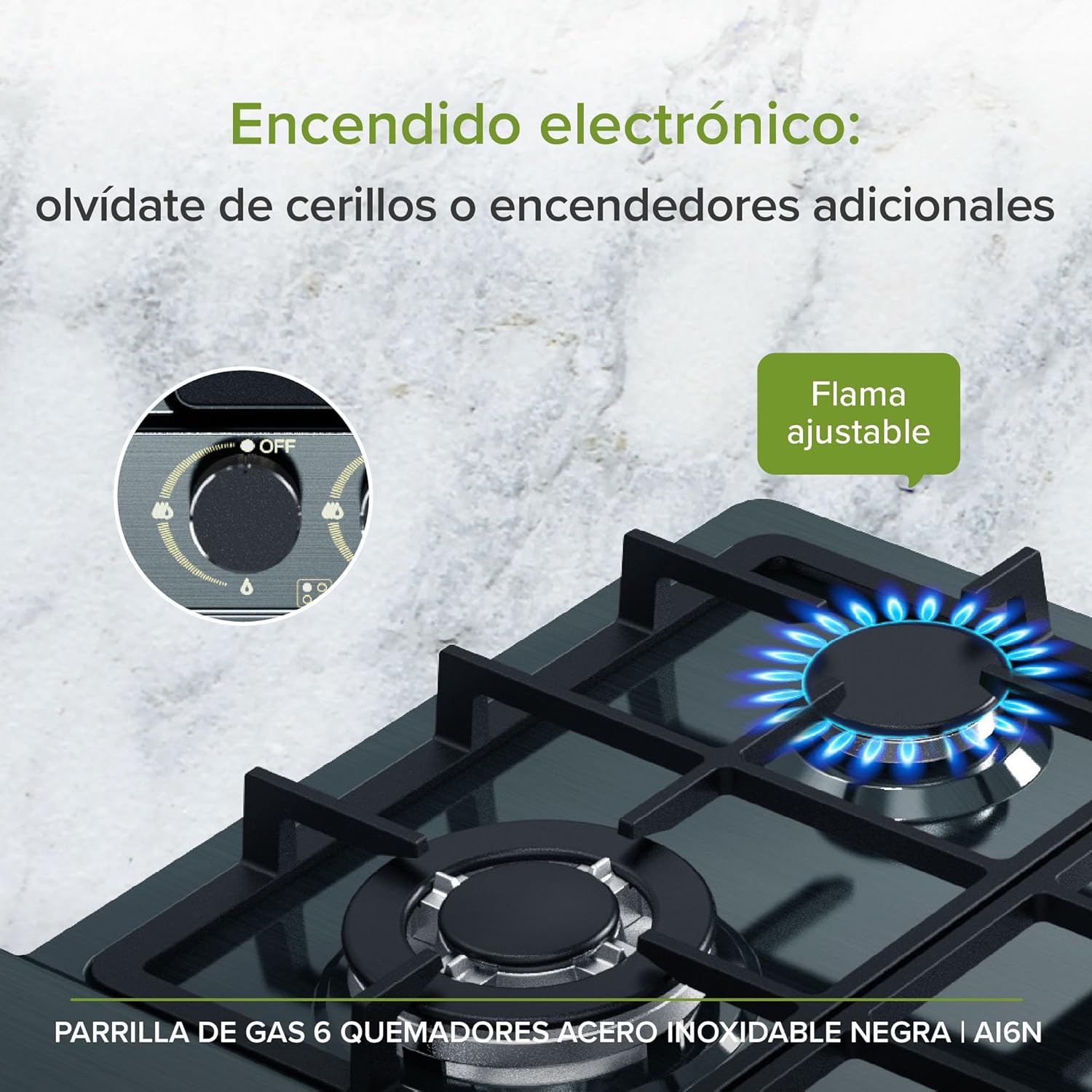 AVERA Parrilla de Gas 6 Quemadores 86cm, Acero Inoxidable Color Negro, Empotrable, Soportes de Hierro Fundido, Encendido Electronico, Estufa Empotrable, Compatible con Gas LP y Gas Natural, AI6N
