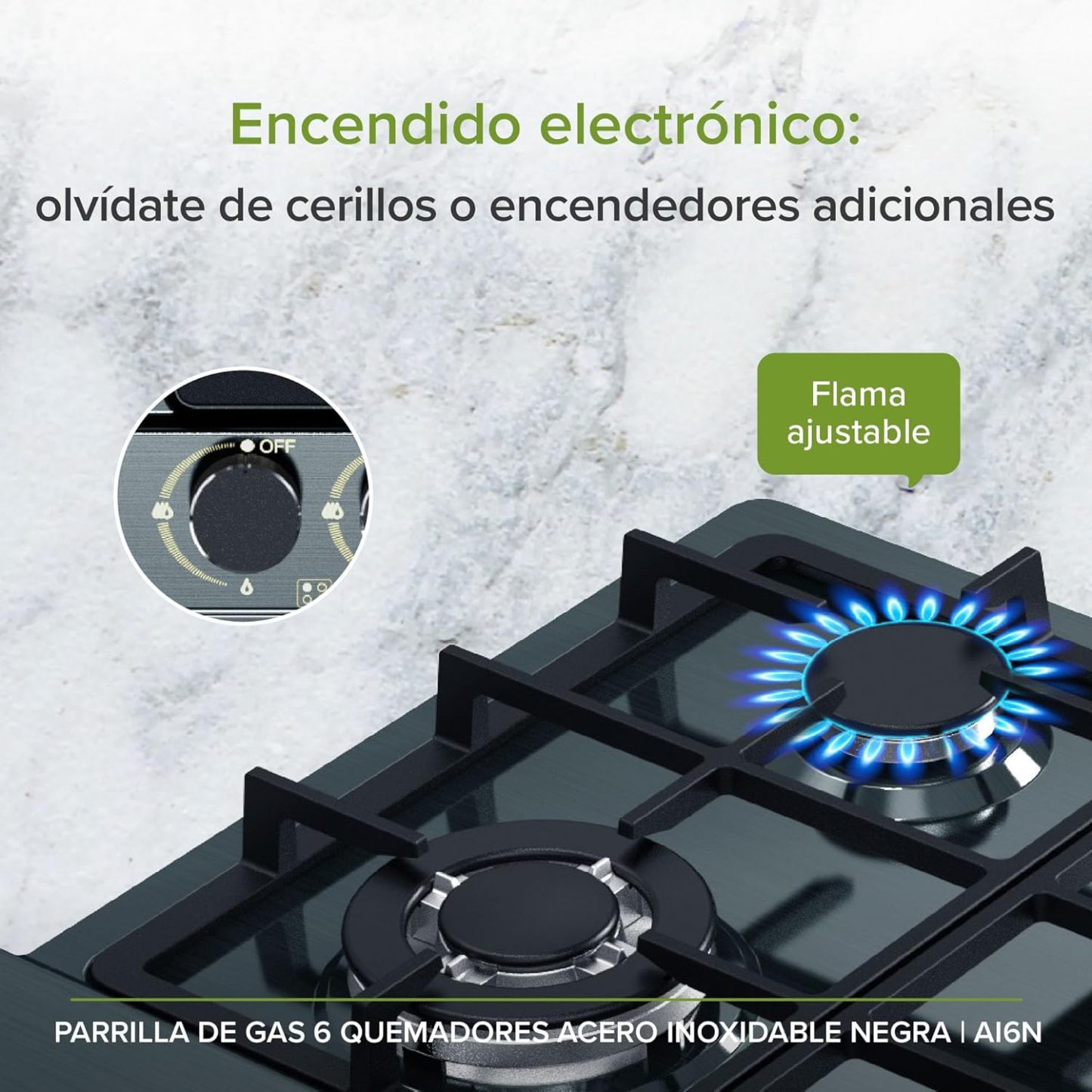 AVERA Parrilla de Gas 6 Quemadores 86cm, Acero Inoxidable Color Negro, Empotrable, Soportes de Hierro Fundido, Encendido Electronico, Estufa Empotrable, Compatible con Gas LP y Gas Natural, AI6N