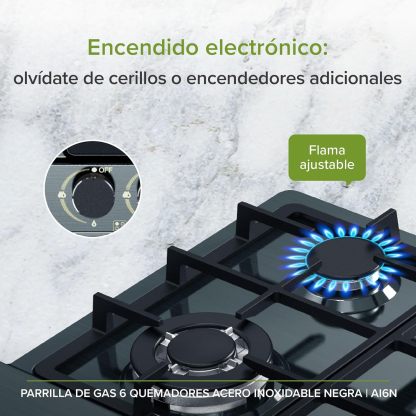 AVERA Parrilla de Gas 6 Quemadores 86cm, Acero Inoxidable Color Negro, Empotrable, Soportes de Hierro Fundido, Encendido Electronico, Estufa Empotrable, Compatible con Gas LP y Gas Natural, AI6N