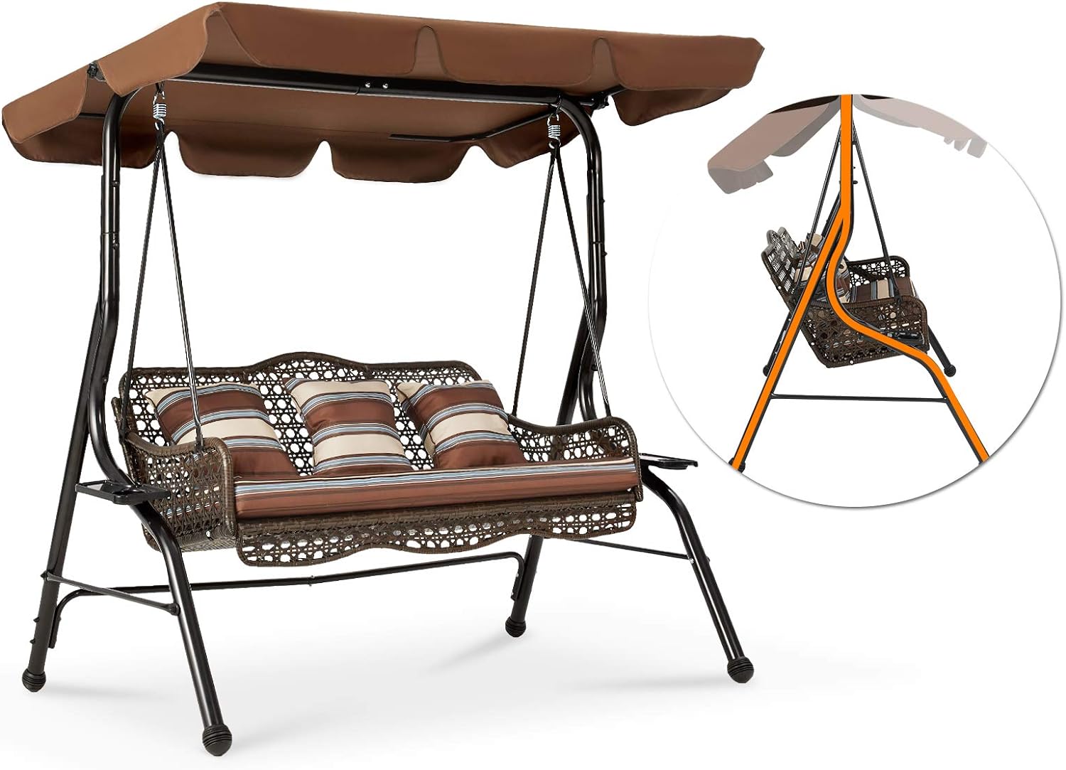 AECOJOY Columpio de mimbre de 3 asientos, columpio de patio con dosel, 2 bandejas laterales, 3 almohadas y cojín extraíble, columpio de mimbre para patio con soporte columpios al aire libre para adultos, balcón, jardín, terraza (ratán marrón)