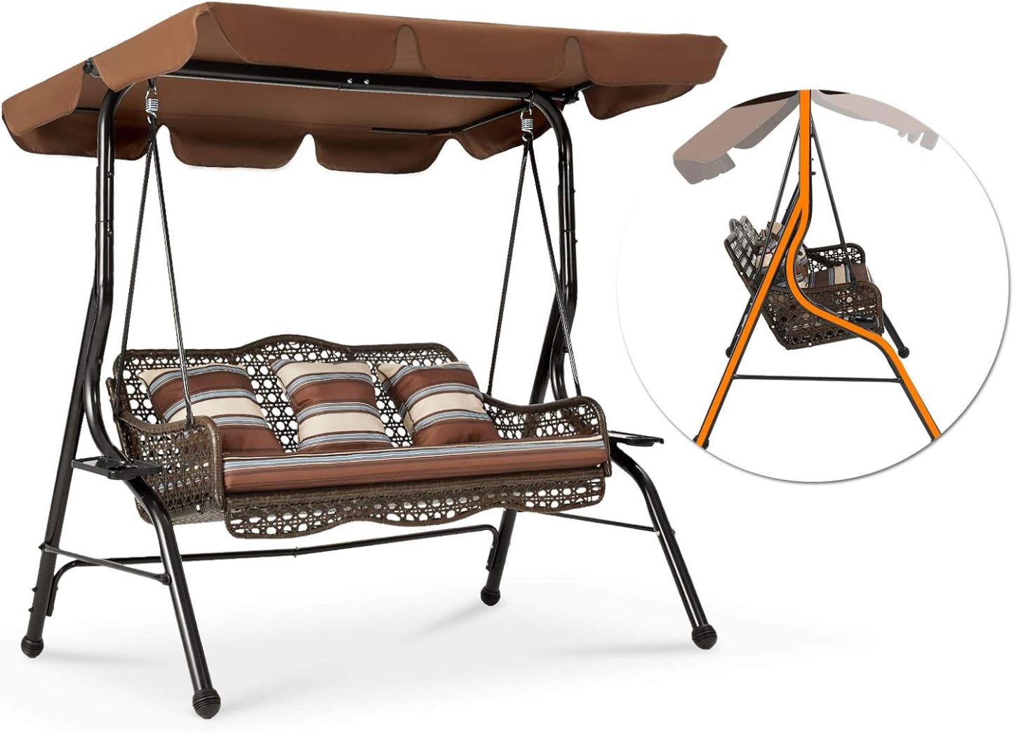 AECOJOY Columpio de mimbre de 3 asientos, columpio de patio con dosel, 2 bandejas laterales, 3 almohadas y cojín extraíble, columpio de mimbre para patio con soporte columpios al aire libre para adultos, balcón, jardín, terraza (ratán marrón)