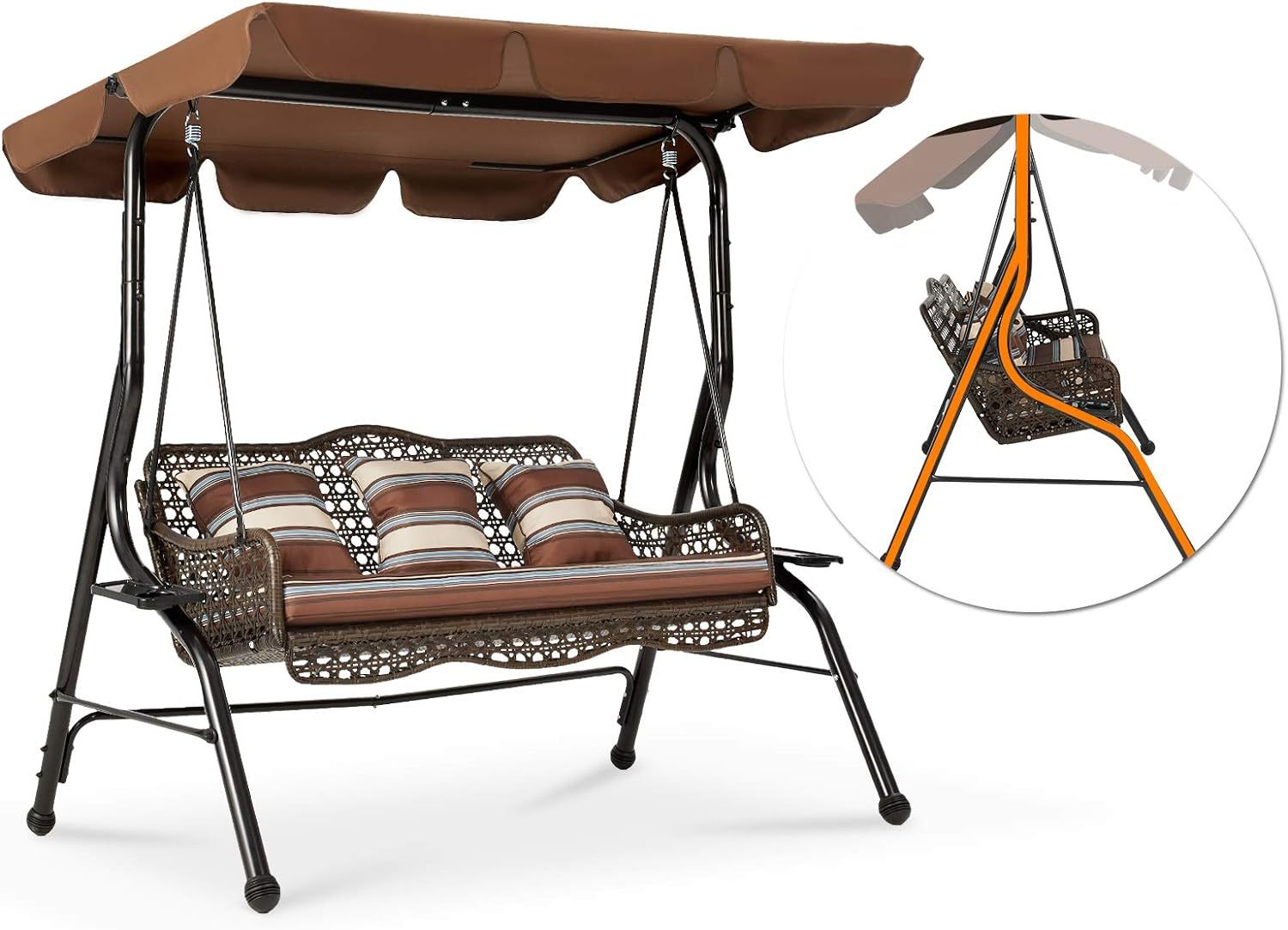 AECOJOY Columpio de mimbre de 3 asientos, columpio de patio con dosel, 2 bandejas laterales, 3 almohadas y cojín extraíble, columpio de mimbre para patio con soporte columpios al aire libre para adultos, balcón, jardín, terraza (ratán marrón)