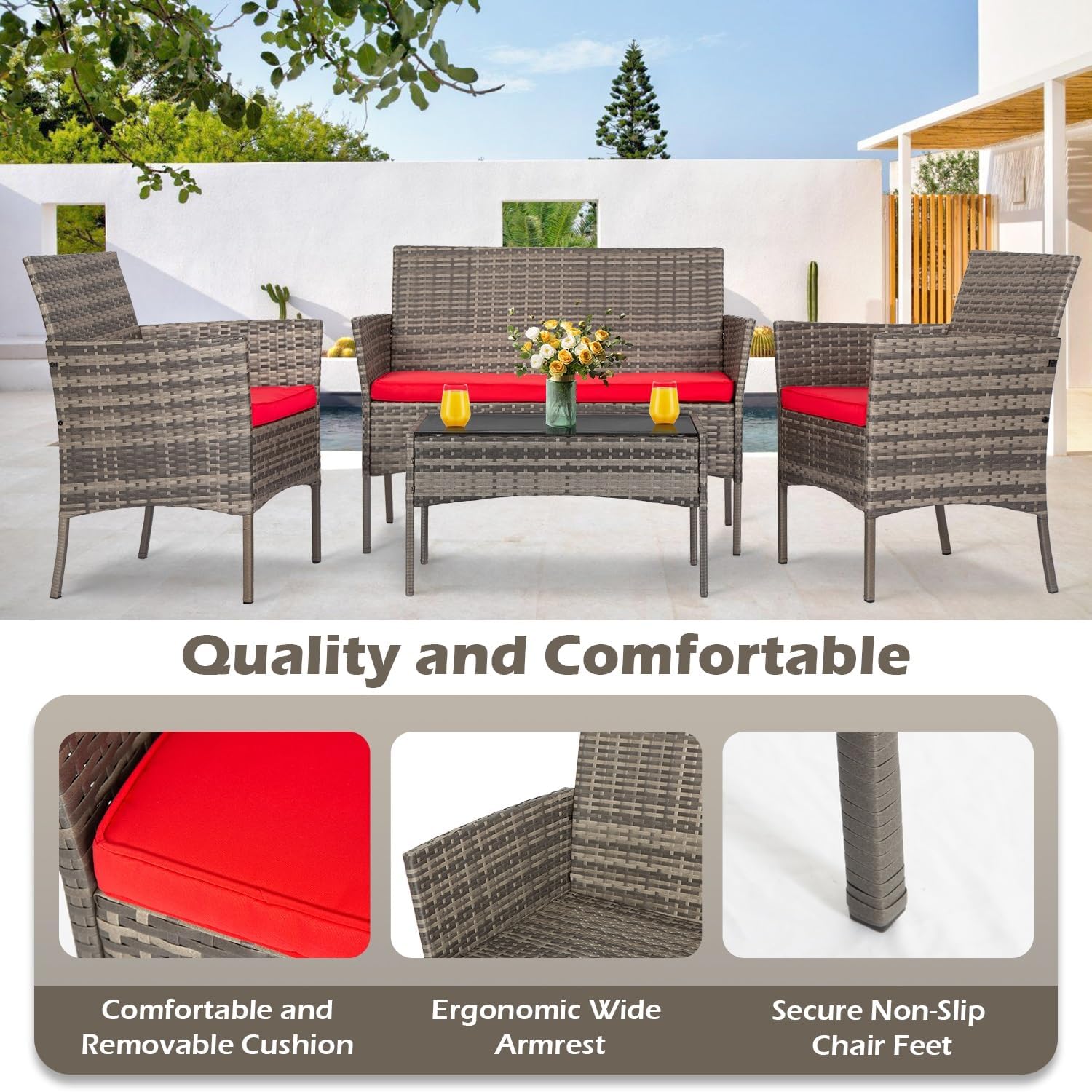 FDW - Juego de 4 muebles para exteriores, juego de conversación de mimbre con silla de ratán, mesa de centro para exteriores, interiores, jardín, patio, porche, terraza, balcón, cojines de mimbre