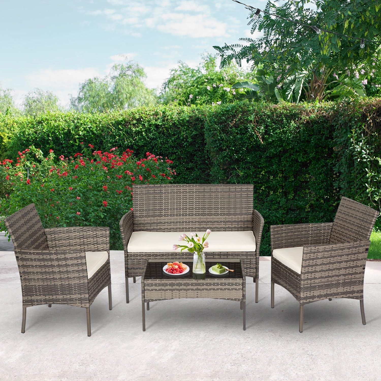 FDW - Juego de 4 muebles para exteriores, juego de conversación de mimbre con silla de ratán, mesa de centro para exteriores, interiores, jardín, patio, porche, terraza, balcón, cojines de mimbre