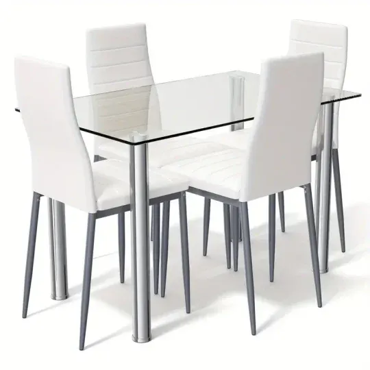 Conjunto de comedor de 5 piezas, mesa y 4 sillas, muebles de cocina y desayuno de vidrio y metal.
