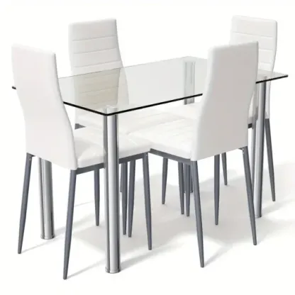 Conjunto de comedor de 5 piezas, mesa y 4 sillas, muebles de cocina y desayuno de vidrio y metal.