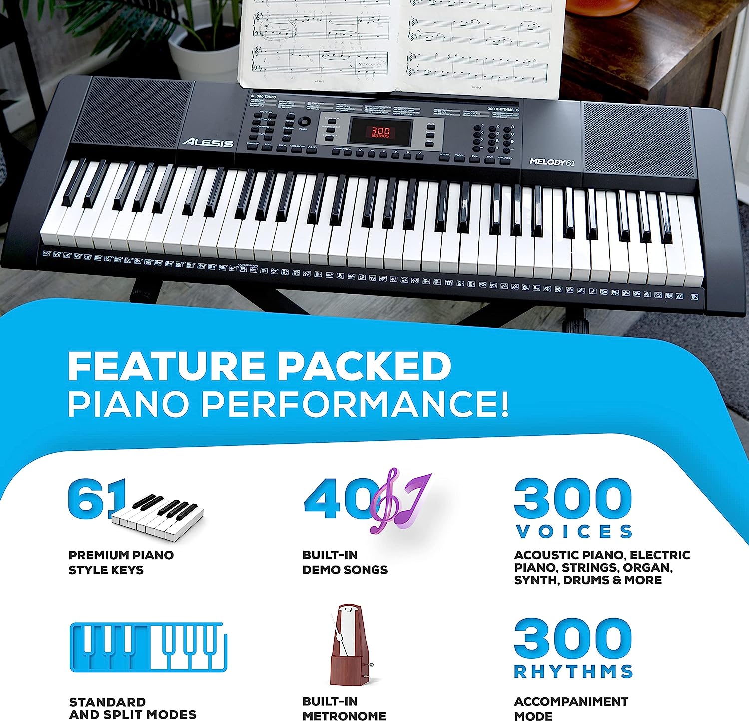 Alesis Melody 61 MK4 Teclado Piano Eléctrico para Principiantes con 61 Teclas, Altavoces, Soporte, Banqueta, Auriculares, 300 Sonidos y Lecciones de Música