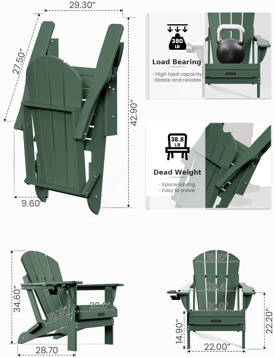 MUCHENGHY Sillas plegables Adirondack, sillas de patio, sillas para hogueras, sillas de exterior, sillas Adirondack de plástico, sillas de césped resistentes a la intemperie con portavasos para terraza, patio trasero, jardín (negro)