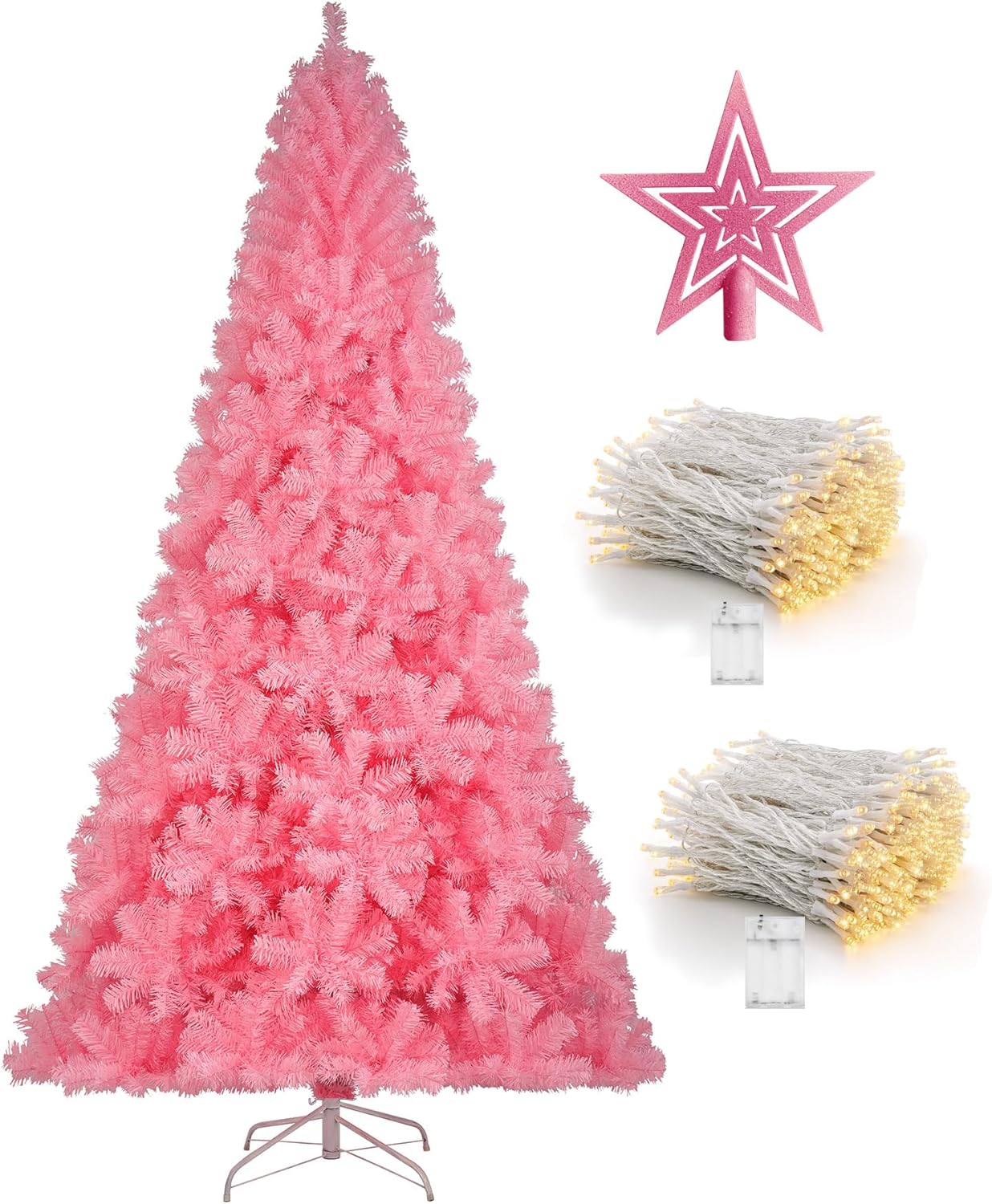 KTKDE Árbol de Navidad artificial de abeto de 7 pies, árbol de Navidad verde realista con 1.450 puntas de árbol, 300 postes de luz LED alimentados por pilas, pentáculo dorado de 7.8 pulgadas, perfecto