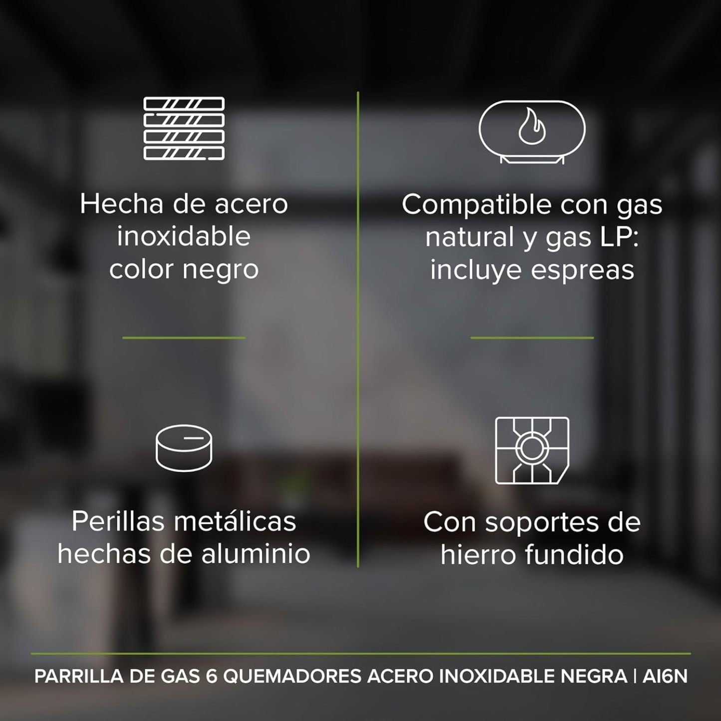 AVERA Parrilla de Gas 6 Quemadores 86cm, Acero Inoxidable Color Negro, Empotrable, Soportes de Hierro Fundido, Encendido Electronico, Estufa Empotrable, Compatible con Gas LP y Gas Natural, AI6N