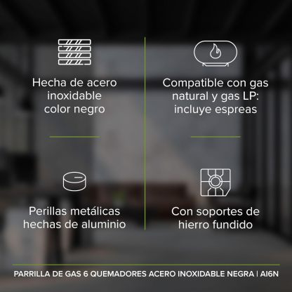 AVERA Parrilla de Gas 6 Quemadores 86cm, Acero Inoxidable Color Negro, Empotrable, Soportes de Hierro Fundido, Encendido Electronico, Estufa Empotrable, Compatible con Gas LP y Gas Natural, AI6N