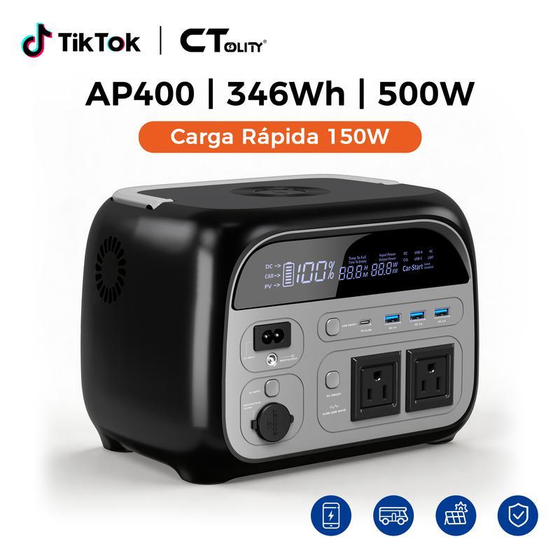 CTOLITY AP400 Generador Solar Portátil 346Wh 500W Batería LiFePO4 150W Carga Rápida Inalámbrica 4000+ Ciclos UPS Instantáneo para Cortes de Luz Emergencias Respaldo de Energía Camping Viajes Hogar Exterior Generador Eléctrico Portátil Batería de Respaldo 