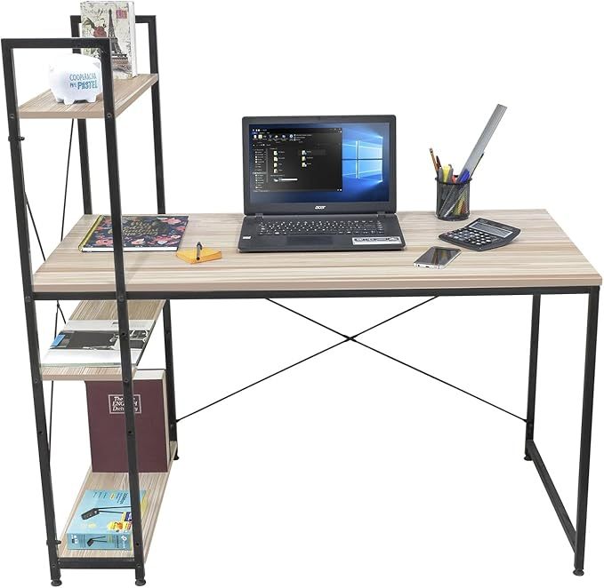Escritorio para Computadora, Diseño Minimalista Moderno, Ideal para Oficina, Home Office, Estructura Resistente de Metal, con Repisas, Color Café