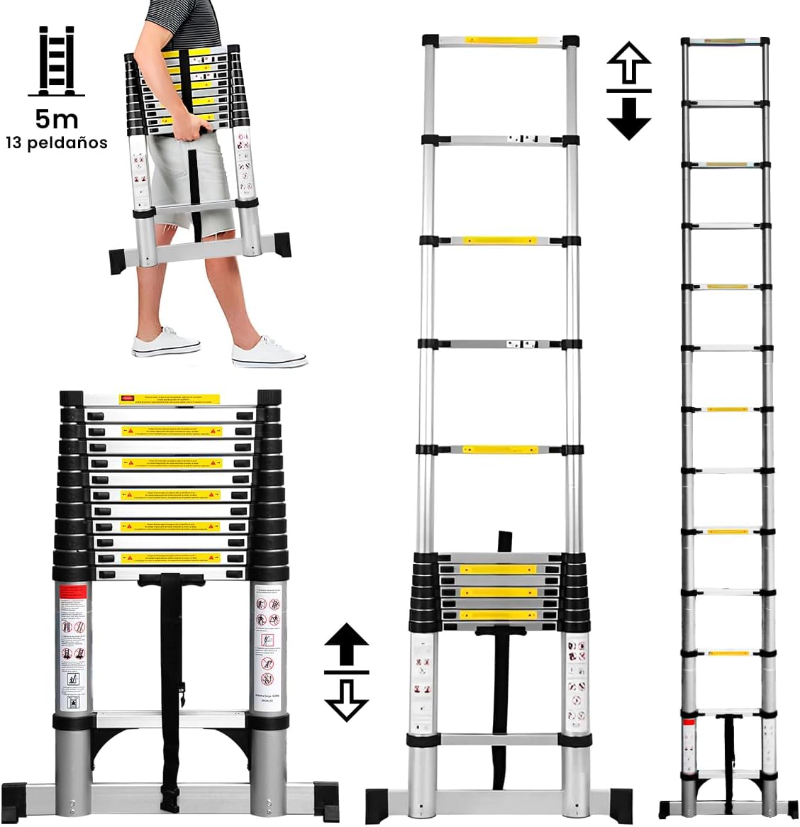 Raganet, Escalera Telescópica Recta, Escalera de Recta de Altura Ajustable, Aluminio Reforzado y Duradera, Modelo Retráctil de Mayor Estabilidad (5 Metros)